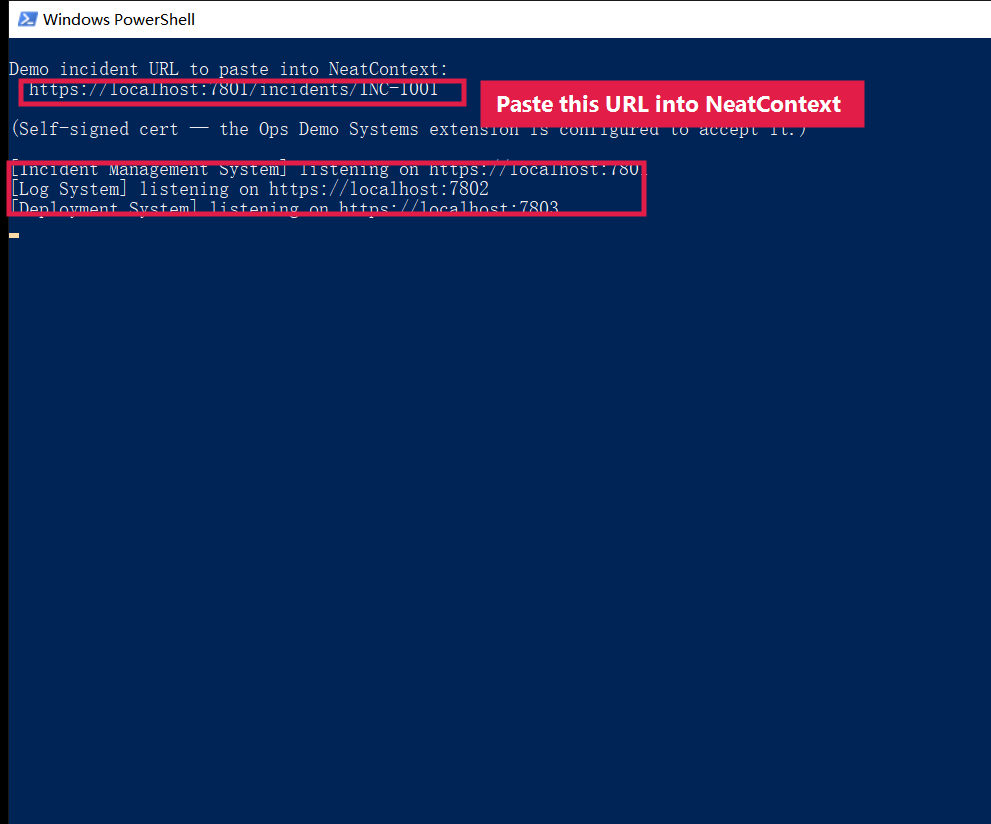 The three mock systems running, and the incident URL to paste