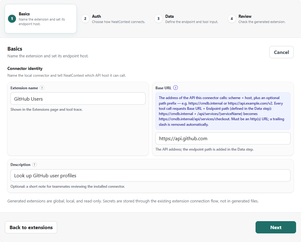 Step 1: Basics, with the Base URL help open