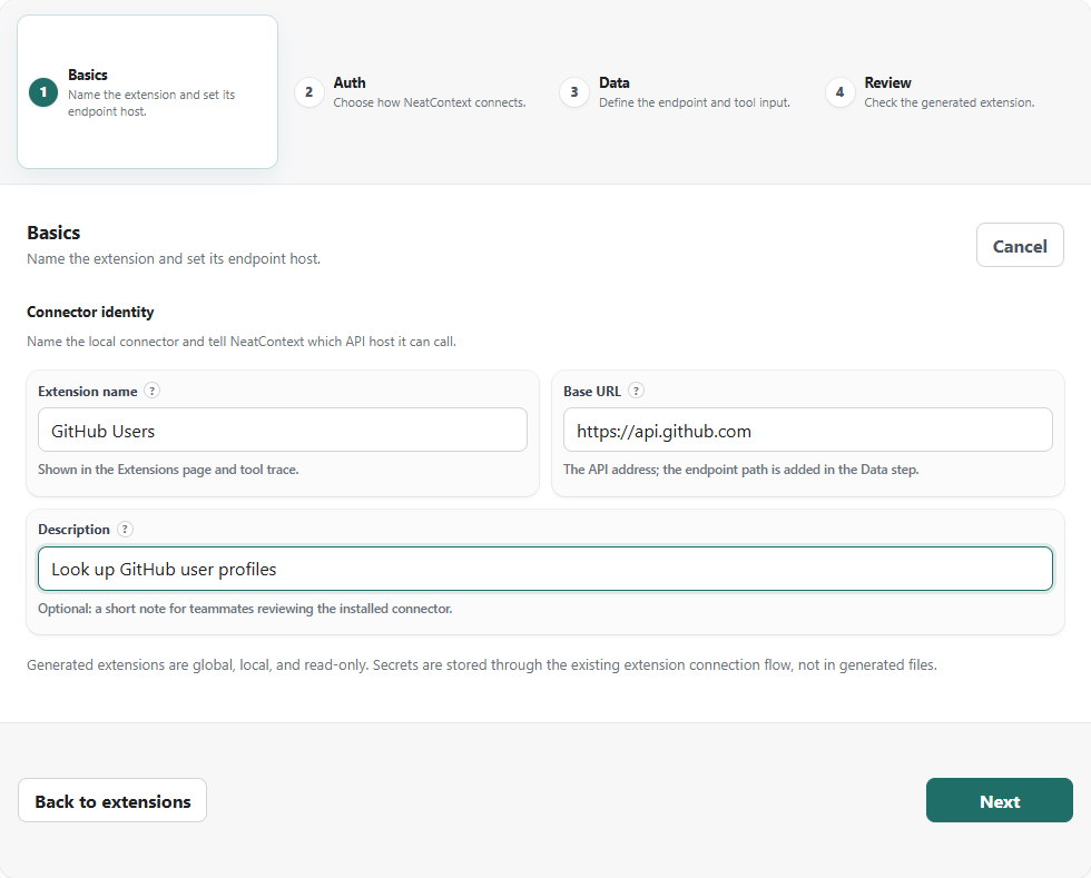 The 4-step extension builder