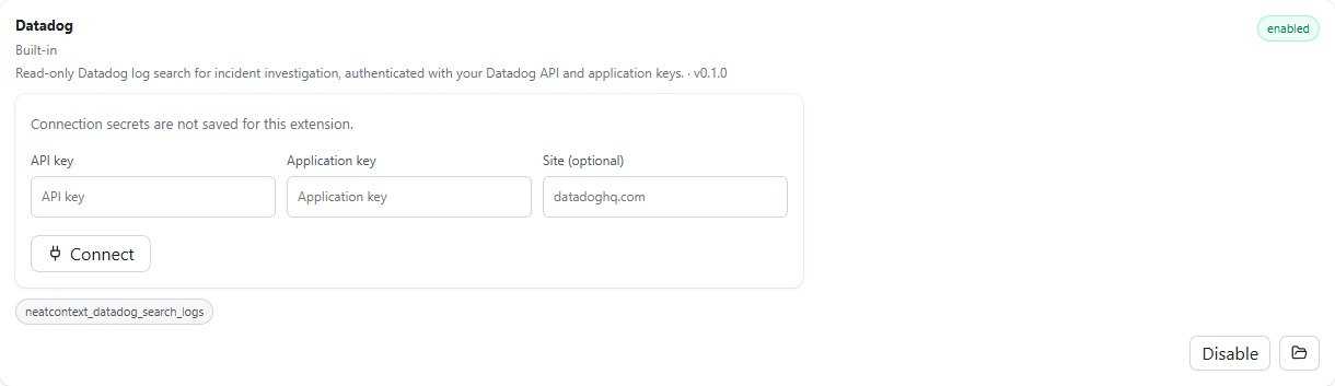 The Datadog card: an inline API-key form